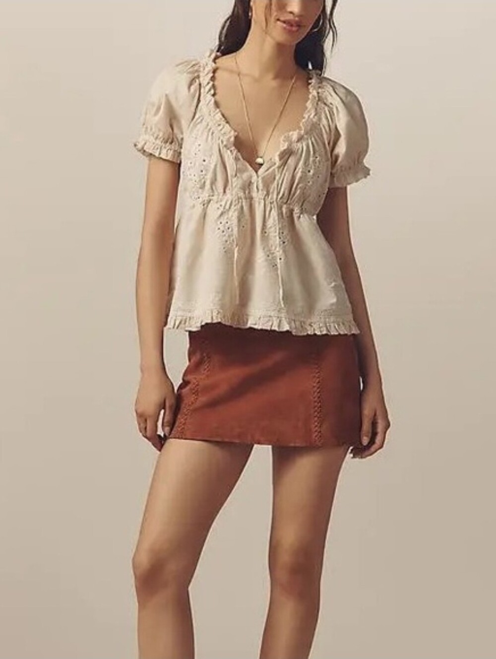 Anthropologie Puff-Sleeve Embroidered Babydoll Top tan and cream stripes Sz XL - Picture 4 of 16